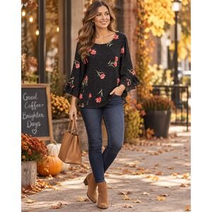 Women Small Black Floral Polka Dot Bell Sleeve Blouse Romantic Boho Cottagecore